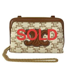 CELINE Chain Clutch Cuir Trionf Cream Brown Canvas Calf Skin 982-070225